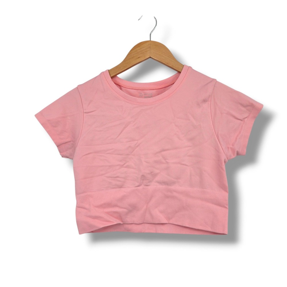 OFFLINE by Aerie Pink Seamless Short Sleeve Crop Top Ribbed Hem Medium